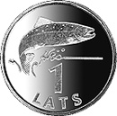 Image of 1 lats coin - Salmon | Latvia 1992.  The Copper–Nickel (CuNi) coin is of UNC quality.