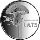 Image of 1 lats coin - Mushroom | Latvia 2004.  The Copper–Nickel (CuNi) coin is of UNC quality.