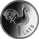 Image of 1 lats coin - Rooster of St. Peter's Church | Latvia 2005.  The Copper–Nickel (CuNi) coin is of UNC quality.