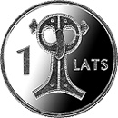 Image of 1 lats coin - Owl Fibula | Latvia 2007.  The Copper–Nickel (CuNi) coin is of UNC quality.
