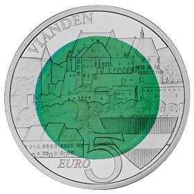 Image of 5 euro coin - Castle of Vianden | Luxembourg 2009.  The Bimetal: silver, niobium coin is of BU quality.