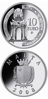 Image of 10 euro coin - The Auberge de Castille | Malta 2008.  The Silver coin is of Proof quality.