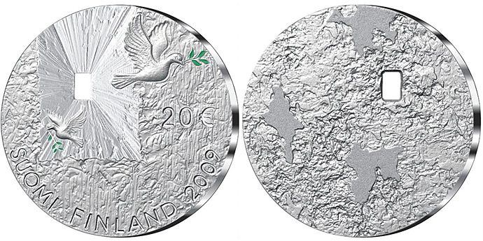 Image of 20 euro coin - Peace and Security  | Finland 2009.  The Silver coin is of Proof, BU quality.