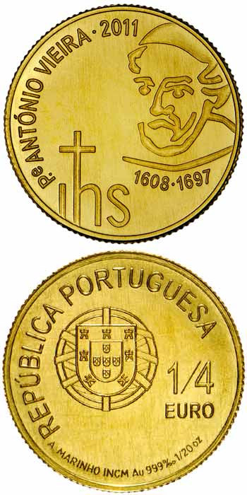 Image of 0.25 euro coin - Padre António Vieira | Portugal 2011.  The Gold coin is of BU quality.