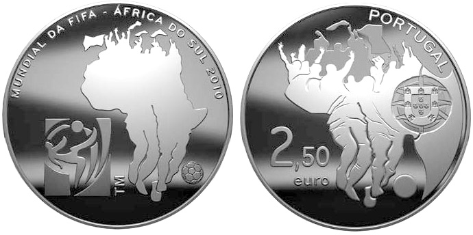 Image of 2.5 euro coin - FIFA World Cup South Africa | Portugal 2010.  The Silver coin is of Proof, BU, UNC quality.