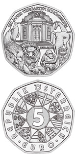 Image of 5 euro coin - 250 Years Vienna Zoo | Austria 2002.  The Silver coin is of BU, UNC quality.