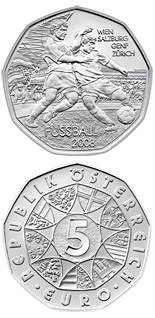 Image of 5 euro coin - Soccer Coin 2 | Austria 2008.  The Silver coin is of BU, UNC quality.