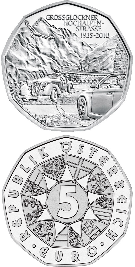 Image of 5 euro coin - 75 years Grossglockner Alpine Road | Austria 2010.  The Silver coin is of BU, UNC quality.