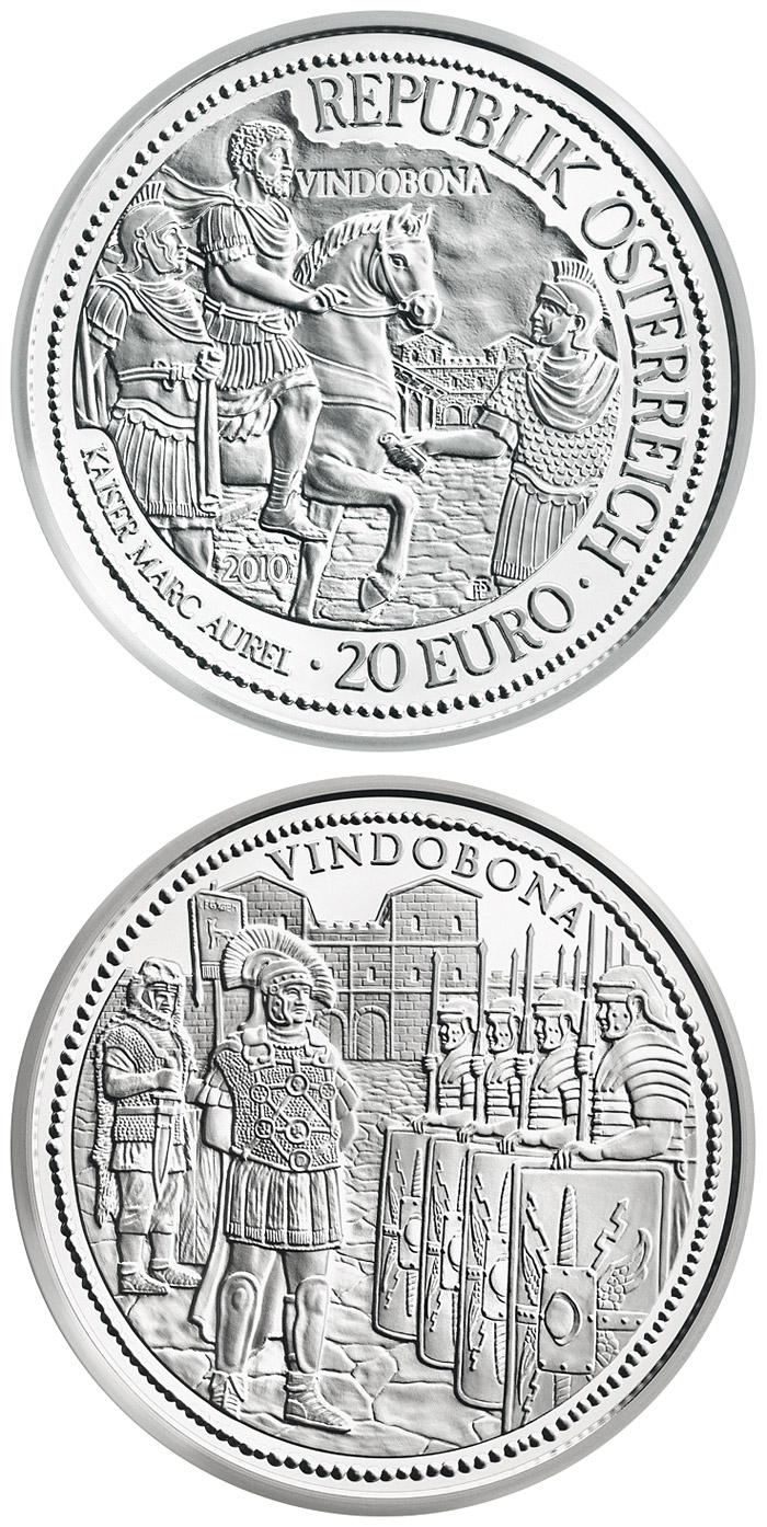 Image of 20 euro coin - Vindobona | Austria 2010.  The Silver coin is of Proof quality.