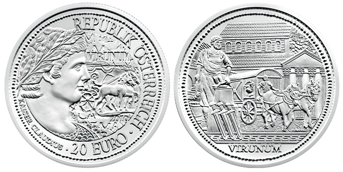 Image of 20 euro coin - Virunum | Austria 2010.  The Silver coin is of Proof quality.