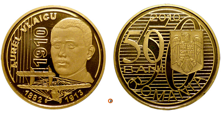 Image of 50 bani coin - The centennial anniversary of the first flight of an aircraft engineered by Aurel Vlaicu | Romania 2010.  The Bronze coin is of Proof, BU, UNC quality.