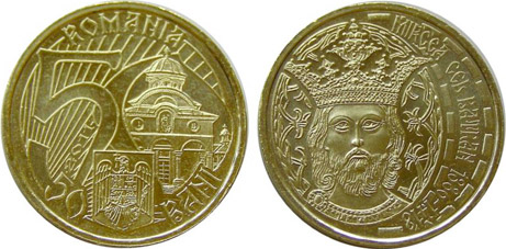 Image of 50 bani coin - 625th anniversary of Mircea the Elder's ascension to the throne of Wallachia  | Romania 2011.  The Bronze coin is of Proof, BU, UNC quality.