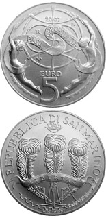 Image of 5 euro coin - Pari Opportunita | San Marino 2007.  The Silver coin is of BU quality.
