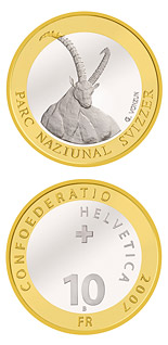 Image of 10 francs coin - Swiss National Parc – Ibex | Switzerland 2007.  The Bimetal: CuNi, nordic gold coin is of Proof, BU quality.