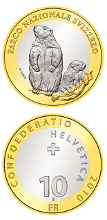 Image of 10 francs coin - Swiss National Parc – Alpine Marmota | Switzerland 2010.  The Bimetal: CuNi, nordic gold coin is of Proof, BU quality.