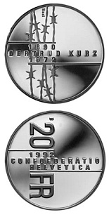 Image of 20 francs coin - Gertrud Kurz | Switzerland 1992.  The Silver coin is of Proof, BU quality.