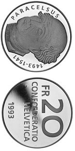 Image of 20 francs coin - Paracelsus, 1493 – 1541  | Switzerland 1993.  The Silver coin is of Proof, BU quality.