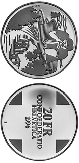 Image of 20 francs coin - Giant Gargantua (Landscapes) | Switzerland 1996.  The Silver coin is of Proof, BU quality.