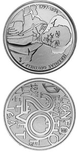 Image of 20 francs coin - Jeremias Gotthelf, 1797 – 1854  | Switzerland 1997.  The Silver coin is of Proof, BU quality.