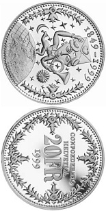 Image of 20 francs coin - 150th anniversary of the Swiss Federal Constitution | Switzerland 1999.  The Silver coin is of Proof, BU quality.