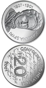 Image of 20 francs coin - Johanna Spyri | Switzerland 2001.  The Silver coin is of Proof, BU quality.