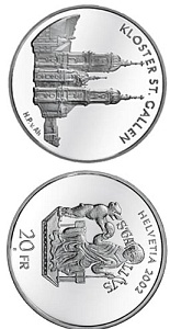 Image of 20 francs coin - St.Gallen Monastery | Switzerland 2002.  The Silver coin is of Proof, BU quality.