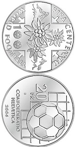 Image of 20 francs coin - FIFA Centennial | Switzerland 2004.  The Silver coin is of Proof, BU quality.