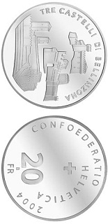 Image of 20 francs coin - Tre Castelli di Bellinzona | Switzerland 2004.  The Silver coin is of Proof, BU quality.