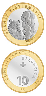 Image of 10 francs coin - Bern Onion Market | Switzerland 2011.  The Bimetal: CuNi, nordic gold coin is of Proof, BU quality.