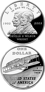 Image of 1 dollar coin - First Flight Centennial | USA 2003.  The Silver coin is of Proof, BU quality.