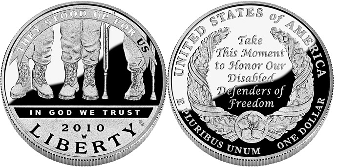 Image of 1 dollar coin - American Veterans Disabled for Life | USA 2010.  The Silver coin is of Proof, BU quality.
