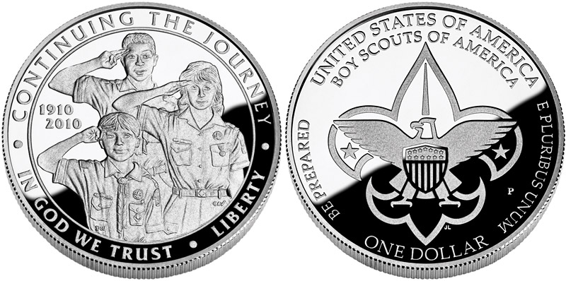 Image of 1 dollar coin - The 2010 Boy Scouts of America Centennial | USA 2010.  The Silver coin is of Proof, BU quality.