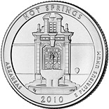 Image of 25 cents coin - Hot Springs National Park, AR  | USA 2010.  The Copper–Nickel (CuNi) coin is of Proof, BU, UNC quality.