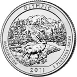 Image of 25 cents coin - Olympic National Park, WA  | USA 2011.  The Copper–Nickel (CuNi) coin is of Proof, BU, UNC quality.