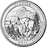 Image of 25 cents coin - Glacier National Park, MT  | USA 2011.  The Copper–Nickel (CuNi) coin is of Proof, BU, UNC quality.