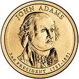 Image of 1 dollar coin - John Adams (1797-1801) | USA 2007.  The Nordic gold (CuZnAl) coin is of Proof, BU, UNC quality.